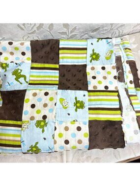 Fabric Cheater Quilt Patchwork Design Frogs Stripes & Polka Dots Soft Minky new